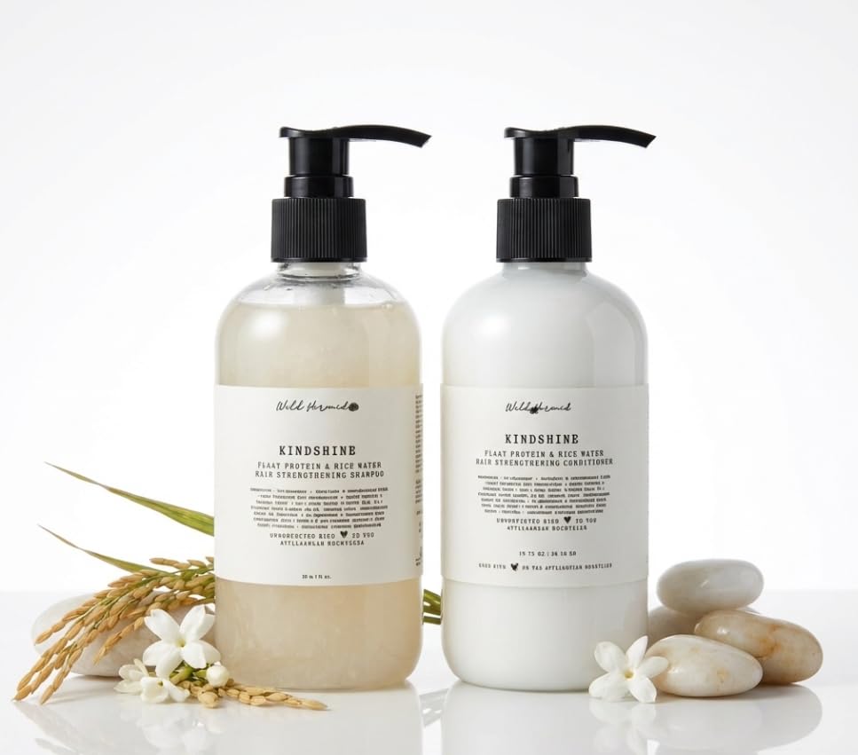 KindShine Rice Water and Flaxseed Shampoo and Conditioner Set, 10 oz Each, 2 Count