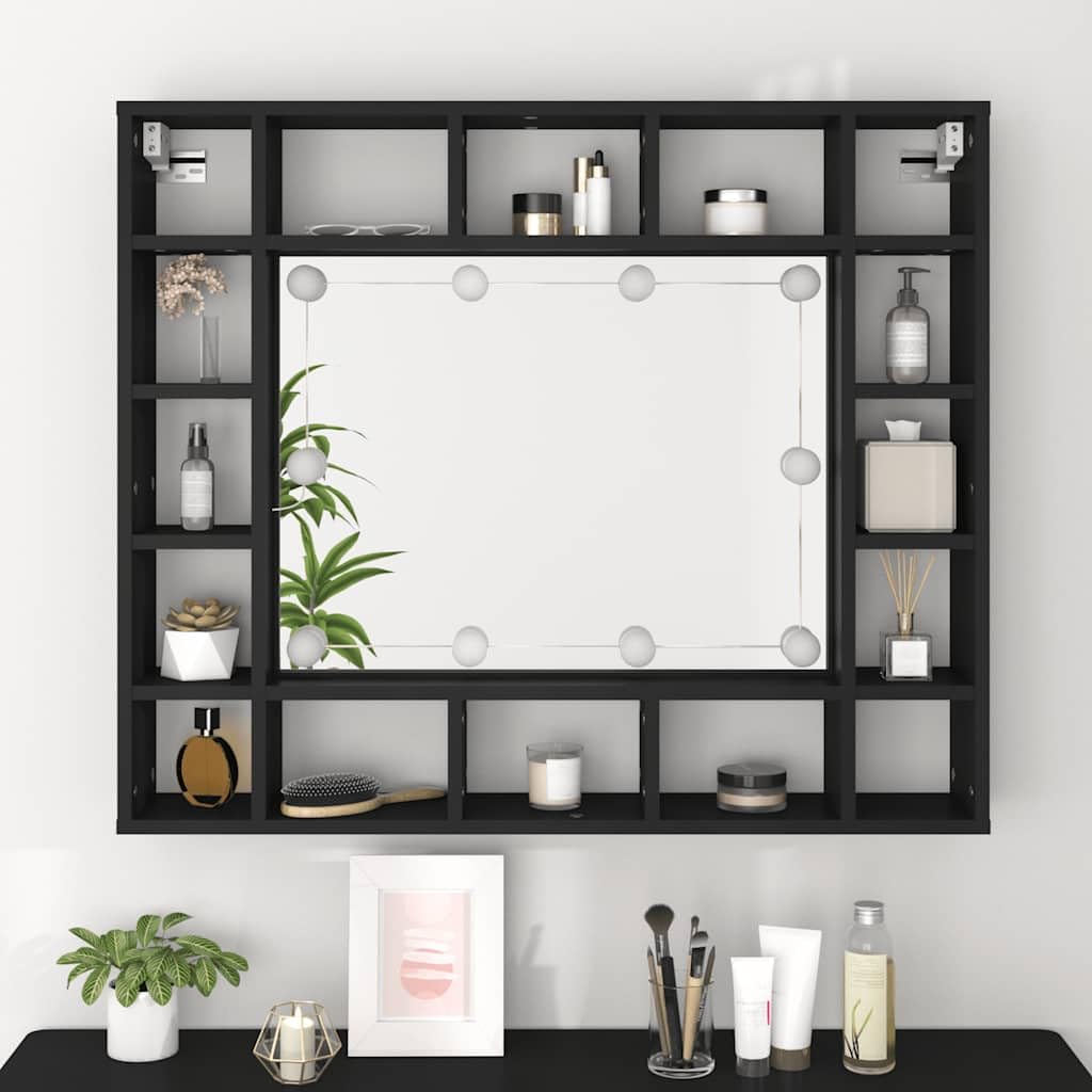 Armadietto a specchio a LED nero, 91 x 15 x 76,5 cm, con illuminazione e telecomando, montaggio a parete, con diversi scomparti e porta USB per riporre cosmetici