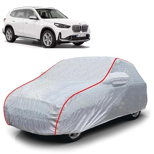 Image of Sulfar 100% Waterproof Car Body Cover Compatible with Mirror for BMW X1 (Triple Stitched, Full Bottom Elastic, Magic Silver with Red Piping)