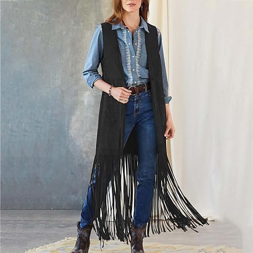 Women Fringe Tassel Vest 70s Vintage Western Cowgirl Long Waistcoat Faux Suede Sleeveless Jacket Shacket Fall Outwear2