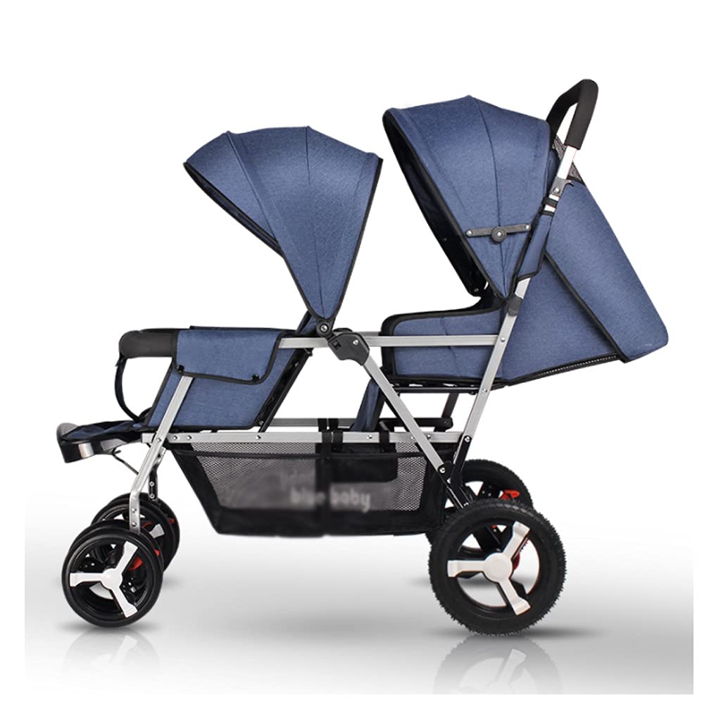 Baby Stroller Twin baby stroller, one button retraction lightweight, foldable sitting and reclining double strollers for two children =Strollers (Color : Denim blue+silver tube)