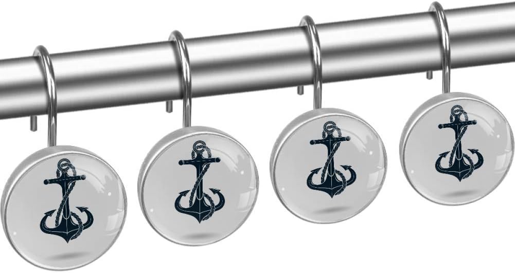 Shower Curtain Hooks Rings Rustproof 12PCS for Hotel Bathroom Shower Rods - Navy Blue Anchor Print