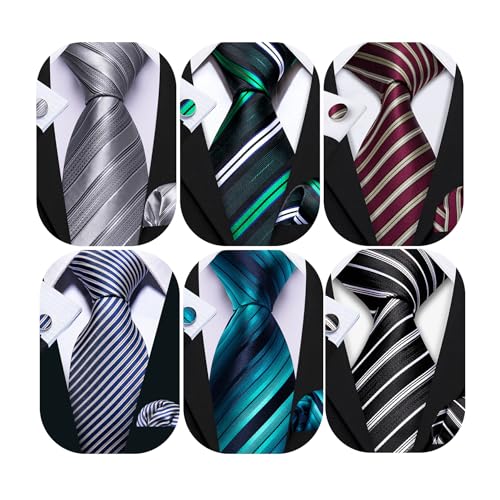 Image of Barry.Wang 6 PCS Men Ties Set Silk Business Fashion Woven Necktie Handkerchief Cufflinks Paisley Stripe Wedding Party