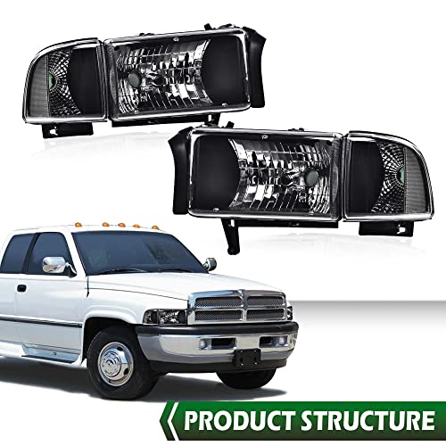 Image of GRAND ORANGE Headlights Assembly, Compatible with Dodge Ram 1500 2500 3500 1994 1995 1996 1997 1998 1999 2000 2001 2002 Black Housing Clear Corner Lamps(Clear lens Black Housing Clear Reflector)