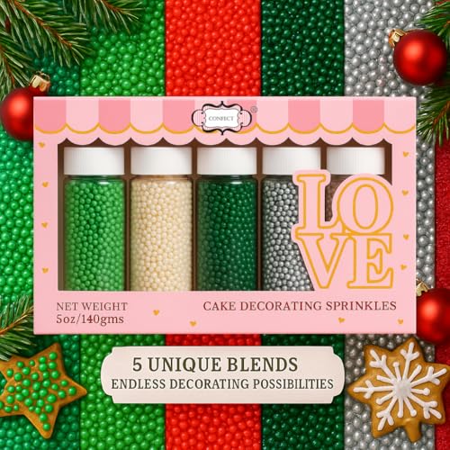 Confect Edible Pearl Sprinkles – Festive Mix of Red, White, Silver & Green Disco Ball Sprinkles – Cake & Cupcake Toppers for Baking, Decorating, and Party Treats- 5 Oz