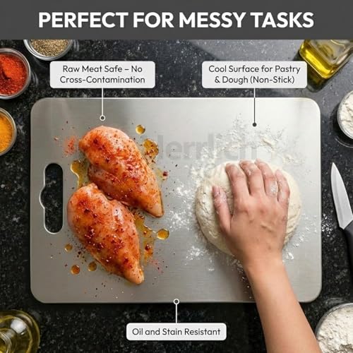 Image of Herrlich Homes Rectangle Stainless Steel Chopping Board | with Steel Straw & Anti-Skid Silicon Pad | for Cutting Vegetables, Meat, Fish, Fruits | Chopping Board for Kitchen | M | 31 x 21 cm