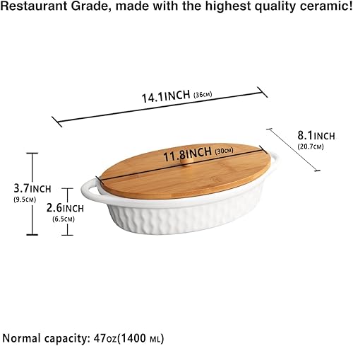 Miniatura 2 de Creativity Home Platos ovalados para hornear gratinados, cacerola de cerámica con cubierta de bambú, bandeja para lasaña profunda para horno,