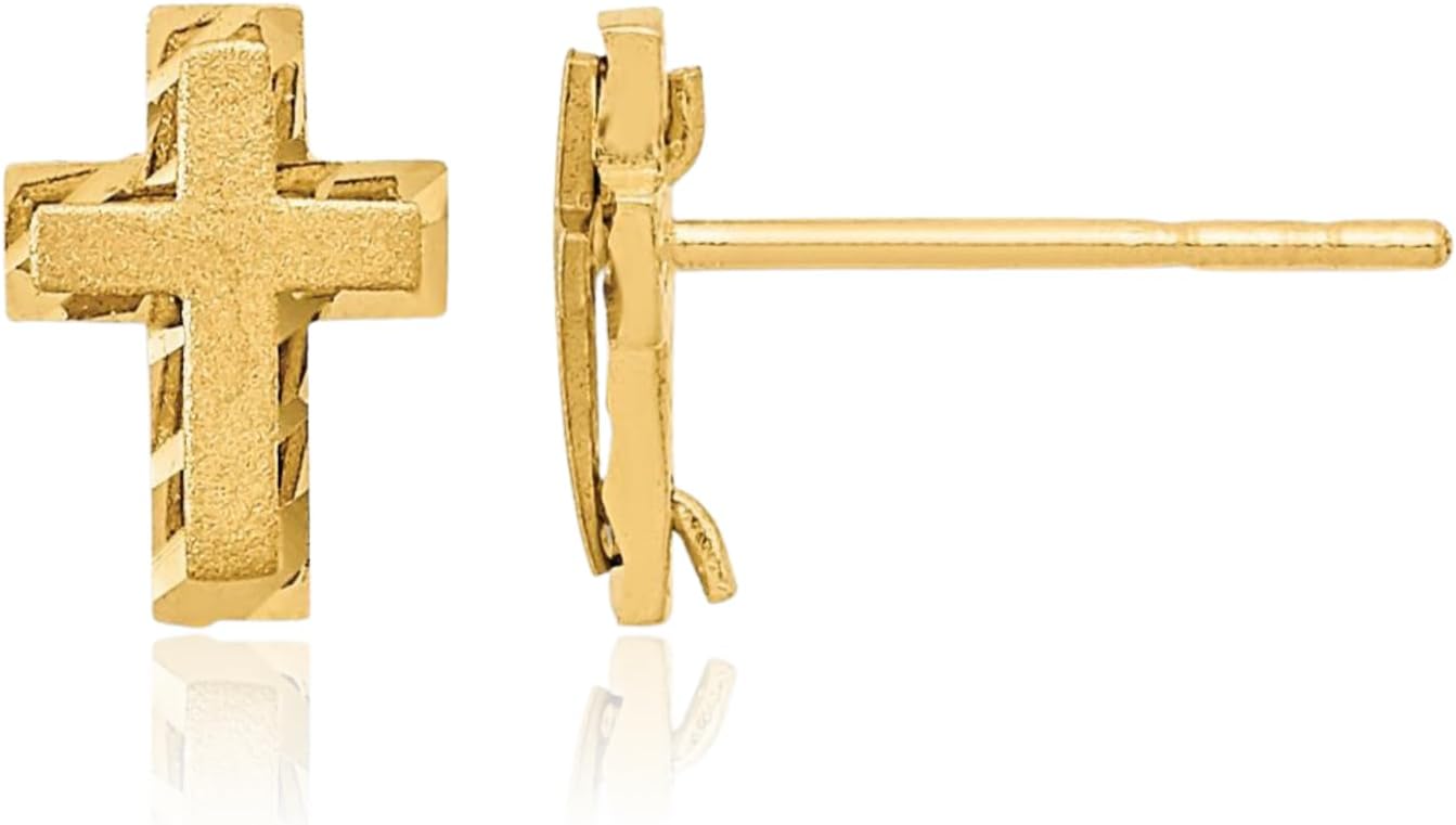 IceCarats 14K Solid Yellow Gold Large Cross Stud Earrings 7.5mm 1/4 inch Butterfly Back, Diamond Cut, Matte For Her For Him