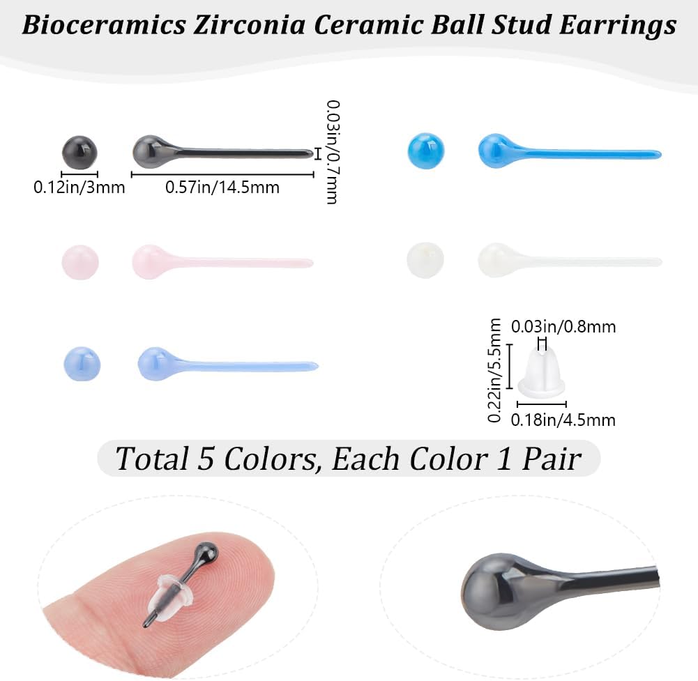 Beebeecraft 1 Box 5 Pairs Bioceramics Stud Earrings 5 Colors Half Hoop Zirconia Ceramic Round Ball Porcelain Studs Post Earrings for Newly Pierced Ears Sensitive Ear Everyday Wear Women