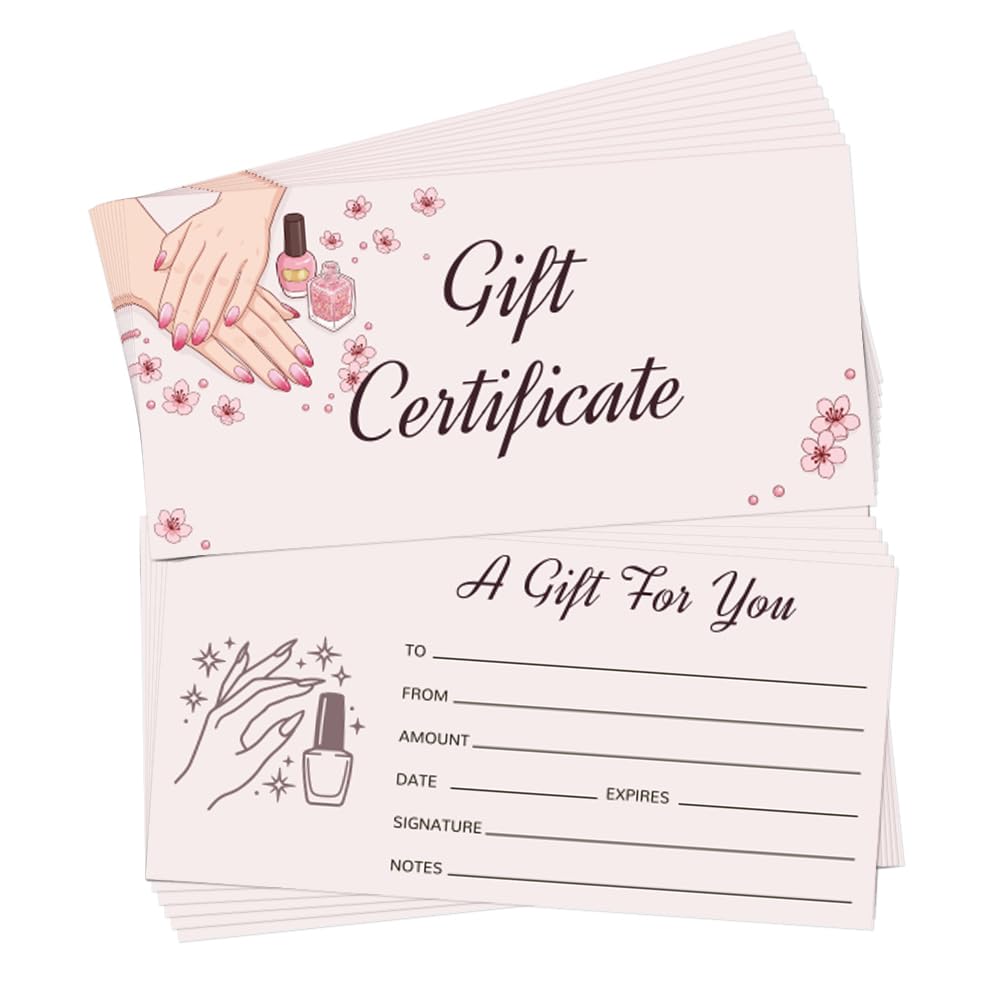 TNKBREEZE 40 Sets Nail Salon Blank Gift Certificate for Business Manicured Hands Double Sided Voucher Cards with Envelopes for Holiday Gifts Beauty Shop Women Coupons 6.63 x 3.3 In