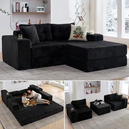 TYBOATLE Modular Cloud Loveseat with Ottoman, Modern Corduroy Boneless Sectional