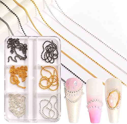 6 Strips Nail Chains for Nail Art 3D Metal Nail Charms Nail Art Decoration Metal Gold Sliver Black Punk Nail Studs Chains Metallic Nail Beads Ball Jewelry Accessories Manicure Tips