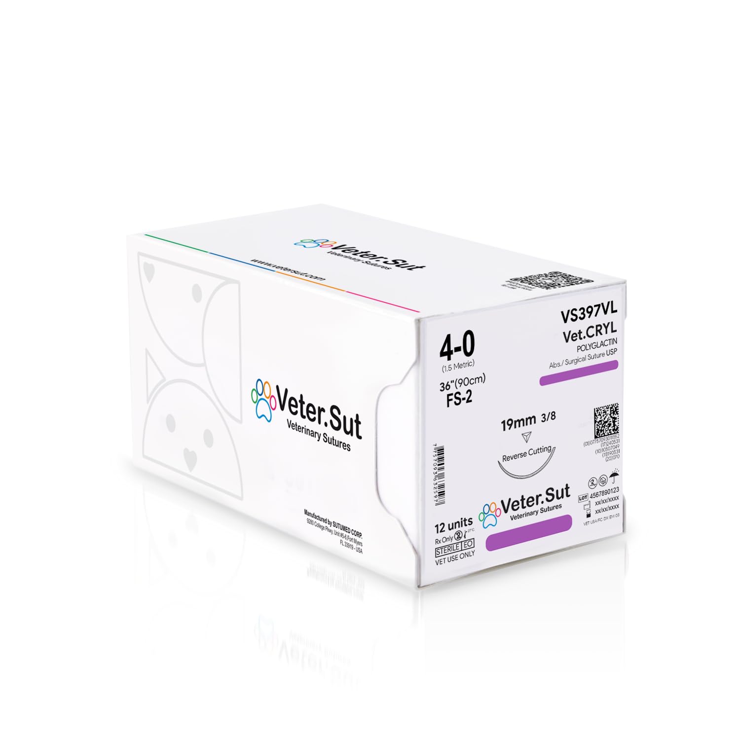 VeterSut VetCRYL Absorbable Polyglactin Surgical Suture USP Size 4-0, (FS-2) 3/8 19mm Reverse Cutting Needle, 36 Inches (90 cm), 12 Count, Veterinary Use