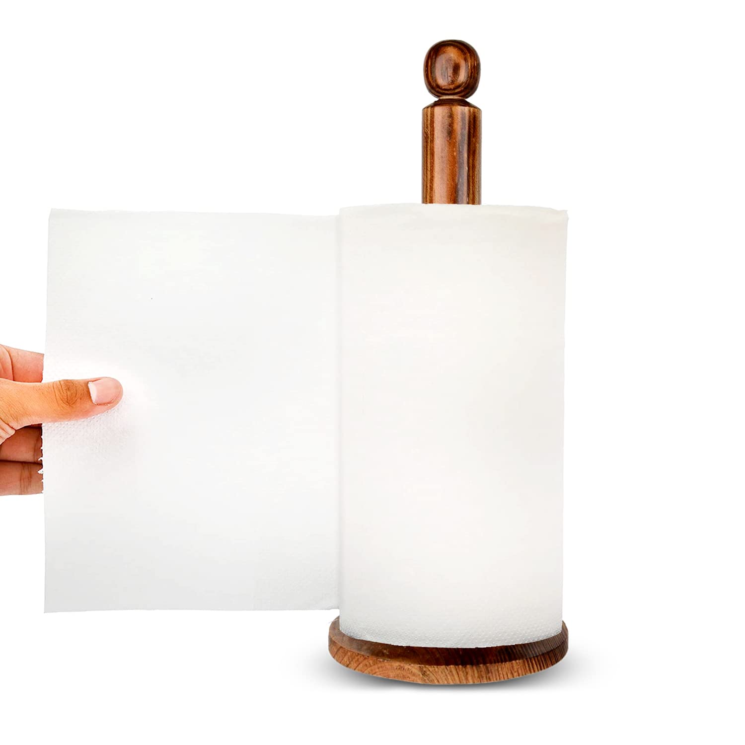 Wooden Paper Towel Holder, Counter top Vertical Tissue Holder Rack Paper Towel Stand for Kitchen, Bathroom Living Room Bedroom Home Decoration, Brown, 1 Pcs