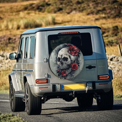 Image of Skulls and Roses Spare Tire Cover Weatherproof Universal Wheel Protectors Halloween Wheel Covers for Rv Camper Travel Trailer SUV Truck 14 Inch