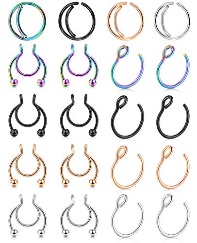 MODRSA Fake Septum Ring Faux Septum Nose Rings Hoop Stainless Steel Faux Lip Ear Nose Face Septum Jewelry Non Piercing Horseshoe Bull Nose Clip On Thin Moon Nose Rings Hoops Silver Black Rose Gold