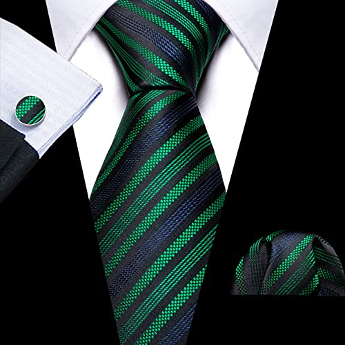 Image of Barry.Wang Man Stripe Ties Set Silk Woven Pocket Square Necktie Cufflinks Formal Party Business