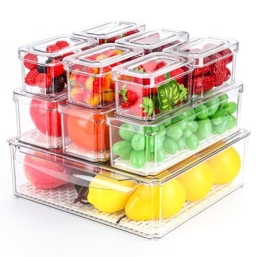 Jiazonsong Paquete de 10 organizadores de refrigerador, apilables, sin BPA, con tapas, contenedores de almacenamiento de frutas para frutas, verduras, alimentos, bebidas, cereales, transparentes