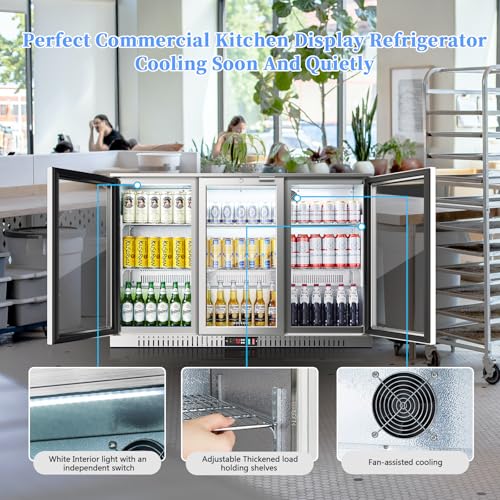 Image of BODEGA BODEGACOOLER Back Bar Cooler, 11.4 Cu.Ft Stainless Steel Commercial Bar Fridge with 3 Glass Doors,Counter Height Bar Beverage Cooler with LED Lighting for Beer,Soda Drinks,Wine
