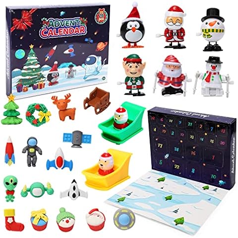 FunsLane Advent Calendar 2022 for Kids with 24 Days Christmas Countdown Calendar, 8 Wind-Up Toys Santa Pull Back Car+16 Rubber Erasers Xmas Toy Gifts for Boys Girls Toddler Christmas Stocking Stuffers Cover