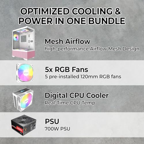 Image of Raidmax i802 Vibe Series ATX Mid Tower Gaming Case Bundle - Tempered Glass Side Panel, Includes 700W 80+ Power Supply, AM1204 Digital Display Air Cooler, and 5 Pre-Installed FRGB Fans (Pink)
