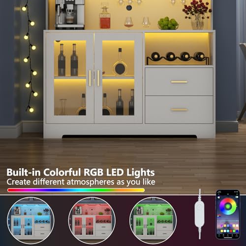 Image of Bar Cabinet for Home with LED Light,Coffee Bar Cabinet w / Wine & Glass Rack | Wine Cabinets with Storage Cabinet &Drawers, Modern Liquor Cabinets for Kitchen, Living Room, Dining Room (White)