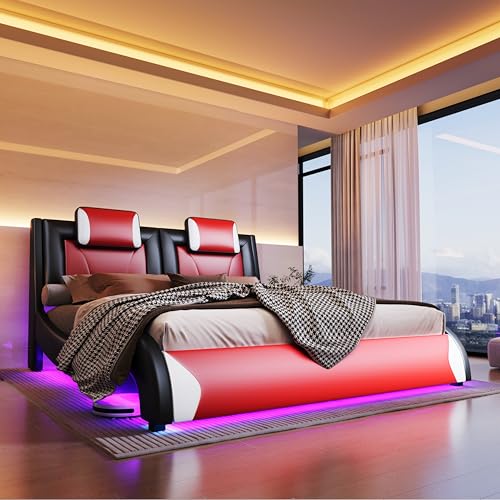 Jocisland LED Full Size Bed Frame, Modern Faux Leather Upholstered Platform Bed Frames with Headrest Headboard, Low Profile Beds with Wave-Like Curve Design, No Box Spring Needed, Easy Assembly, Red