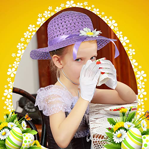 Honoson 12 Pieces Girls Tea Party Dress Kit Party Supplies Flower Sun Straw Hat Cute Bag Purse Elegant Gloves Pearl Necklaces Easter Party Accessories Tea Party, Pink, Yellow, Purple #TOP3