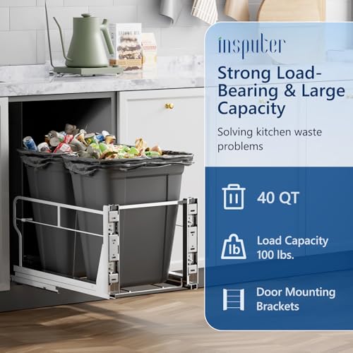 Insputer Double 40QT Pull Out Trash Can Under Cabinet, Heavy Duty Under Sink Garbage Bin Kit with Soft-Close Slides for Kitchen, Laundry, Requires Minimum Cabinets Opening 18