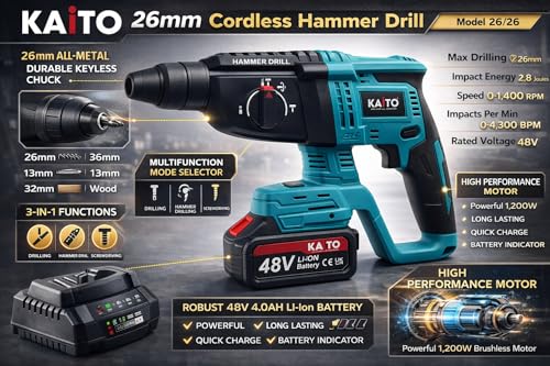 Image of KAITO Cordless Power Tool Combo Kit (4-in-1) | 26mm Rotary Hammer, 100mm Angle Grinder, 450Nm Impact Wrench & 10mm Drill Driver | 4 Lithium-Ion Batteries, 2 Chargers & Carry Case