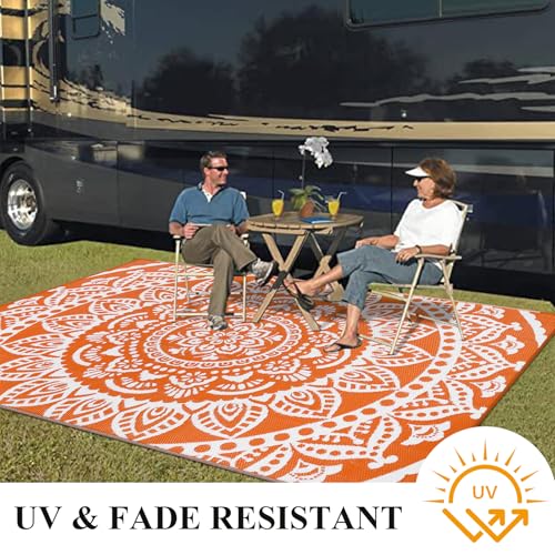 Bsmathom Waterproof Outdoor Rug 6'x9' Reversible Boho Plastic Straw Patio Deck Camping Rugs, Indoor Outdoor Portable RV Mat Clearance Carpet for Outside, Porch, Balcony, Backyard, Beach, Pool,Orange