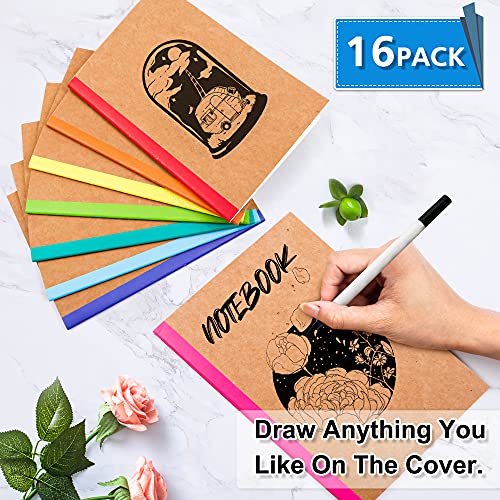 Feela 16 Pack Composition Notebooks Bulk, Kraft Cover Lined Blank College Ruled Composition Travel Journals With Rainbow Spines For Women Students Business, 60 Pages, 8.3”X 5.5”, A5, 8 Colors #TOP2