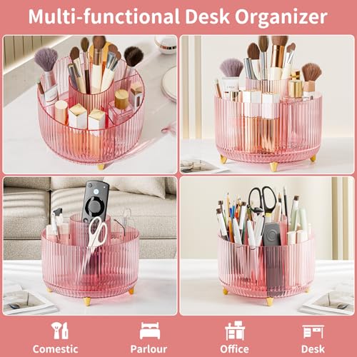 Image of Clear Rotating Makeup Organizer Countertop for Vanity, 360 Makeup Brush Holder Organizer with 5 Compartments, Transparent Cosmetic Storage for Lipstick, Skincare, Bathroom Counter (Transparent Pink)
