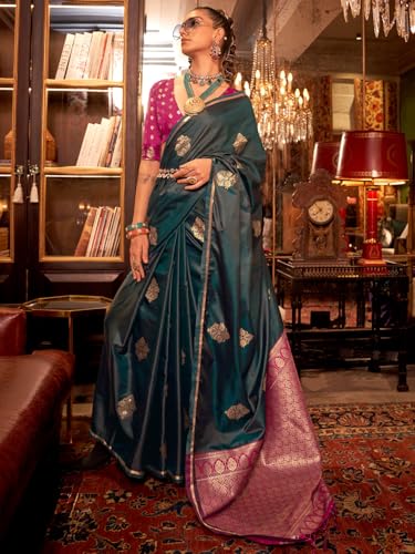 Image of AKHILAM Women's Satin Silk Bagh Printed Saree With Unstitched Blouse(KNTKLX391001 RJ Parent)