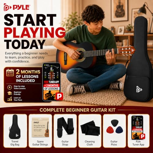 Image of Pyle Beginner Acoustic Guitar Kit, 1 /4 Junior Size All Wood Instrument for Kids, Adults, 30 inch Sunburst Teardrop Matte