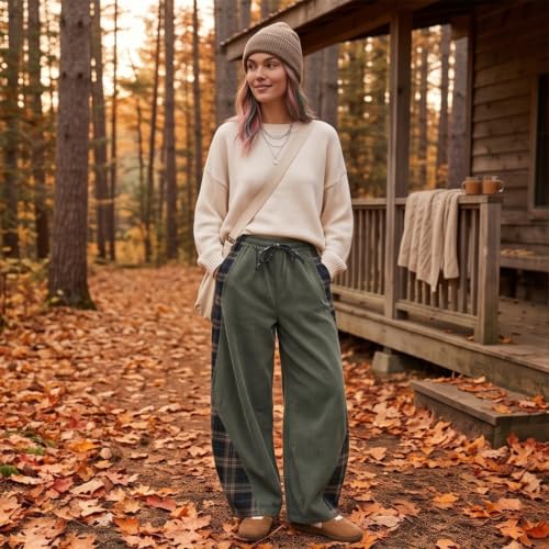Barrel Pants Corduroy Plaid Side Panel Casual Loose Vintage Trousers - image 2