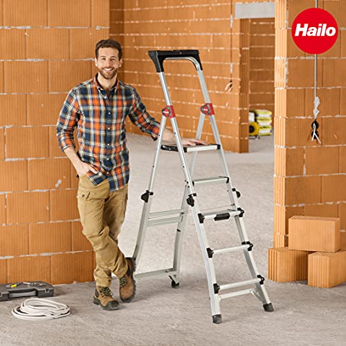 Hailo Master TL100 Topline 3-in-1 Alu Teleskopleiter - Flexible Arbeitshöhe 3-5 Stufen belastbar bis 150 kg - 2,65-3,09 m Arbeitshöhe einstellbar - extragroße Plattform - Leiter ausziehbar - Aluleiter