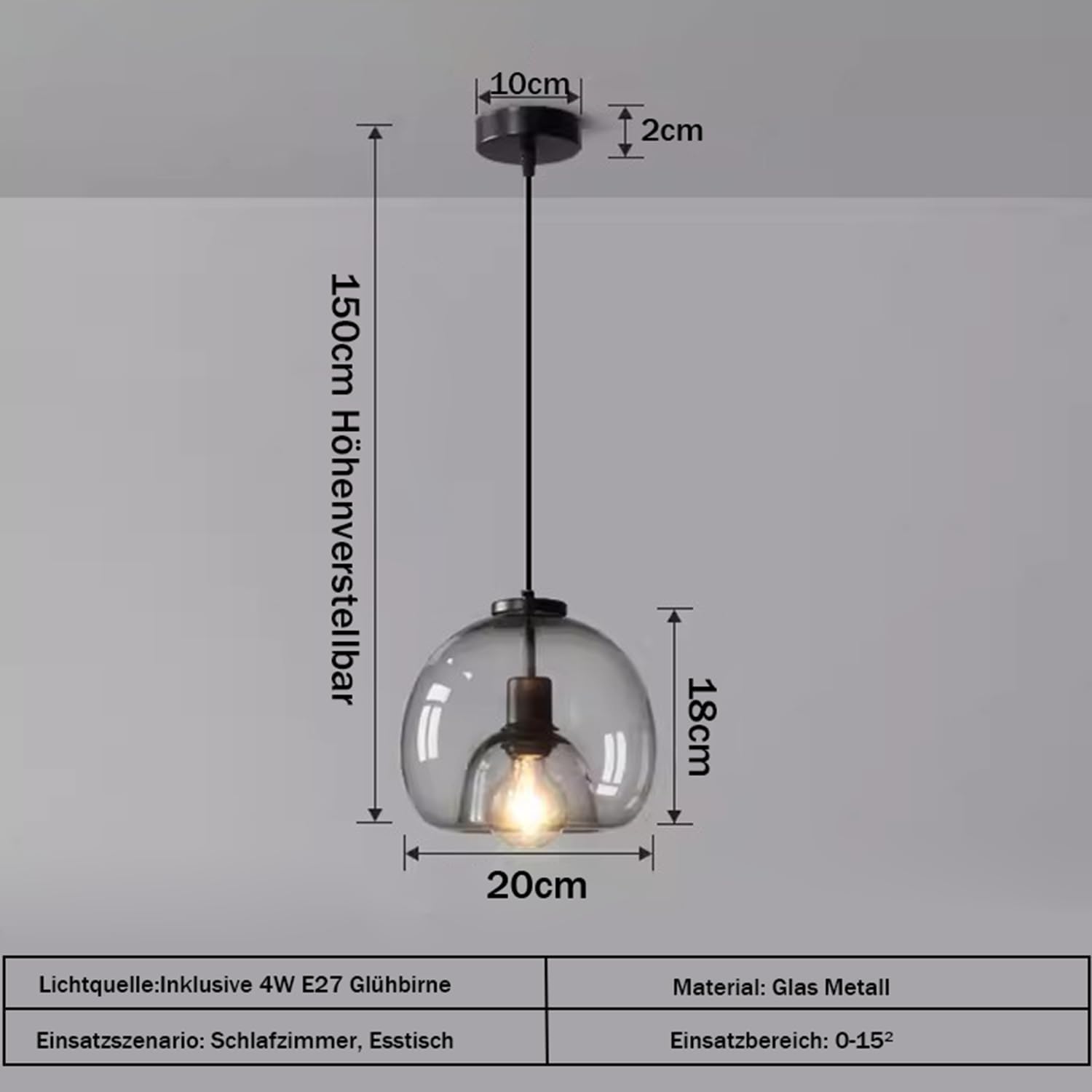 Lampada a sospensione vintage in vetro, lampadario cucina, on 1 Lampadine Extra, Cavo Regolabile, 1xE27, Potenza max 1x60 W, paralume da soffitto per cameretta, tavolo da pranzo, soggiorno, Ø 23 cm