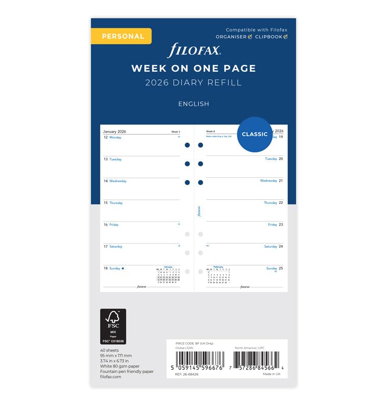 Filofax Calendar Diary Refill Personal/Compact Size Week on One Page White Paper Unruled English 2026 (C68426-26)