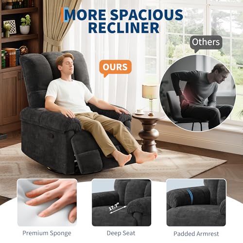 Image of GarveeHome Recliner Chair, 360 Swivel Rocker Glider Nursery Chair with Padded Armrest and Deep Seat, Chenille Upholstered Reclining Sofa Chair for Living Room, Bedroom and Nursery (Black)