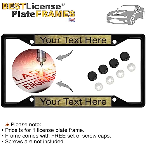 Image of Personalized with Custom Text Design - 4 Hole Black Metal Laser Engraved US Standard Size - Car License Plate Frame with Free caps - Gold /Black Text (Qty: 1 Frame)