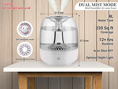 Image of Humidifier For Cold And Cough - Easy Top Fill 4L Large Capacity Ultrasonic Cool Mist Humidifier For Room, Baby, Plants, Bedroom With Night Light Optional Feature (White, Medium)