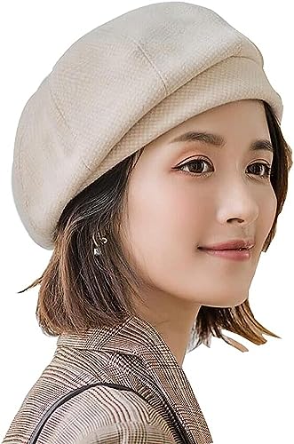 Chic Women's Winter Beret Hat-Beige - Plaid Balaclava Style - Knitted with Premium Cotton and Wool - Versatile Casual Accessory