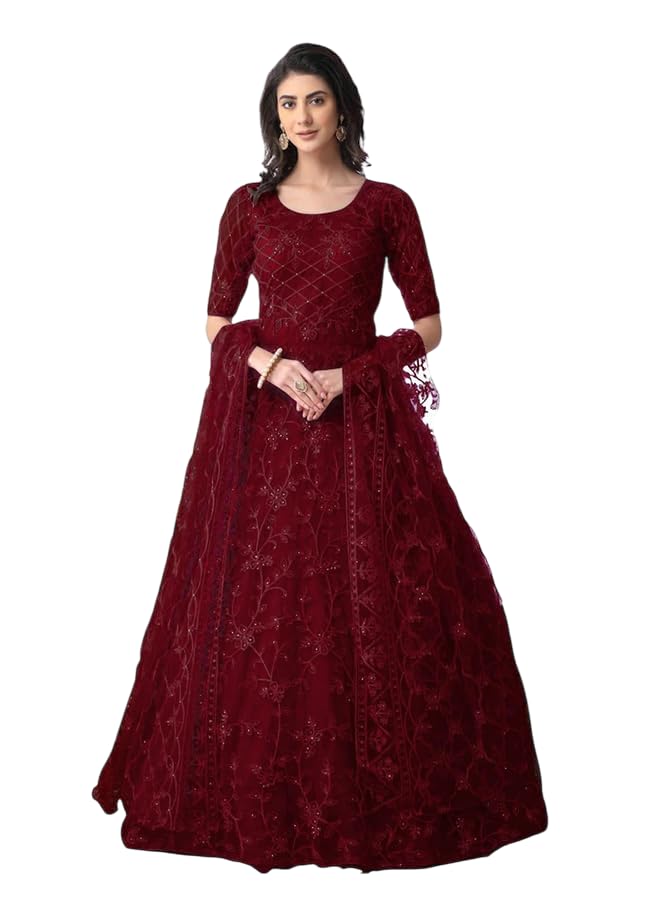 LADY SHOPI Women's Net Embroidered Semi-Stitched Gown Falak Gown-2-image-39