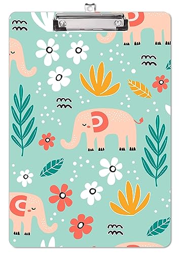 Fashion Clipboard, Cute Pattern Decorative Clipboards, Custom Design Wooden Wordpad with Low Profile Metal Clip, Standard A4 Size 9"x12.3" for Teacher, Student, Lawyer and Nurse,Lovely Elephant