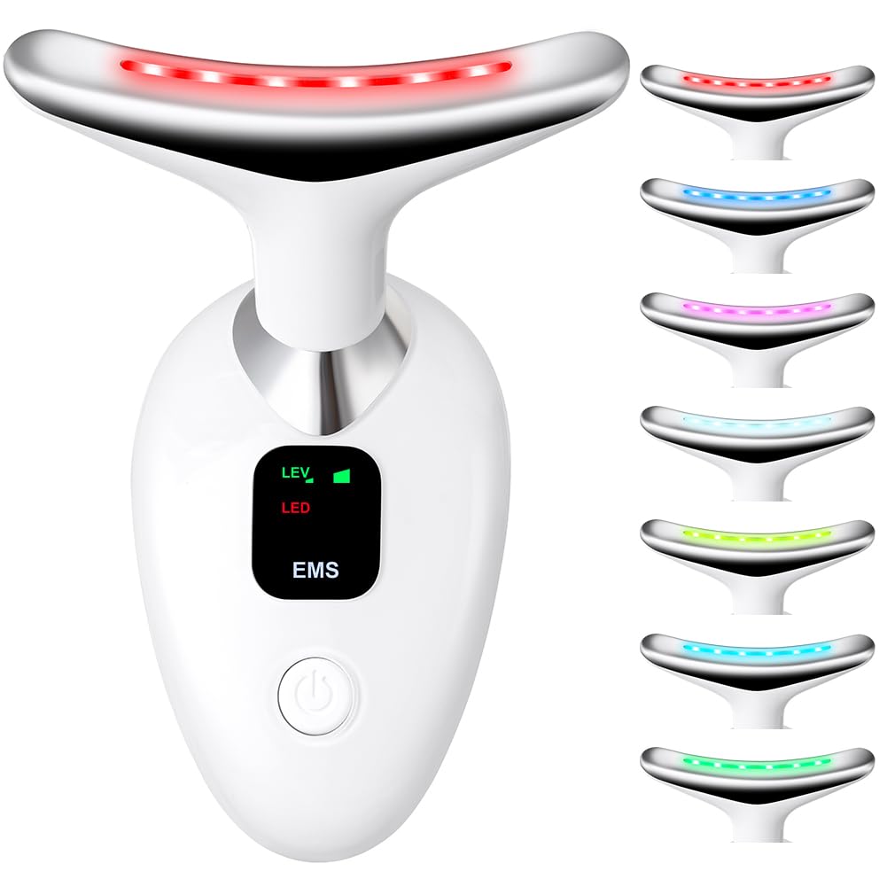 Masajeador Facial Eléctrico, 3 Modos Maquina Reafirmante Antiarrugas, 7 Colore EMS Máquina de Belleza Facial para Mujer, Calefacción a 45+5℃ Masajeador de Cuello y Rostro para Lifting y Tensado