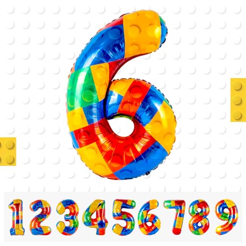 Palloncini Numero 6 di Blocco da Costruzione,Palloncino Compleanno Numero 6, 101 CM Palloncino Numero 9 Foil Gigante,Decorazioni Feste di Compleanno Palloncino,Vola con l'Elio