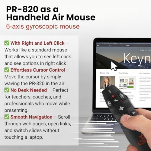 pr-820 wireless presentation clicker with laser pointer powerpoint clicker with air mouse remote for slideshows google slides keynote amp smartboards macpc compatible