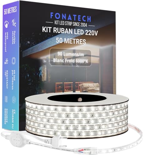 FonaTech Kit Ruban led 50 mètres 220v bandeau blanc froid sans transformateur exterieur étanche puissant pour Chantier bobine bande led 50m IP65 guirlande recoupable plafond