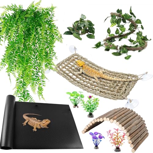 Bearded Dragon Tank Accessories, Reptile Mat Hammock Plants Bridge Jungle Climber Vines Terrarium Decorations for Leopard Gecko Hermit Crab Lizard Snake (10 PCS with Reptile Mat)
